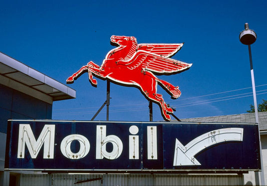 Historic Photo : 1980 Mobil flying red horse sign, Rt. 6, Wellsboro, Pennsylvania | Margolies | Roadside America Collection | Vintage Wall Art :