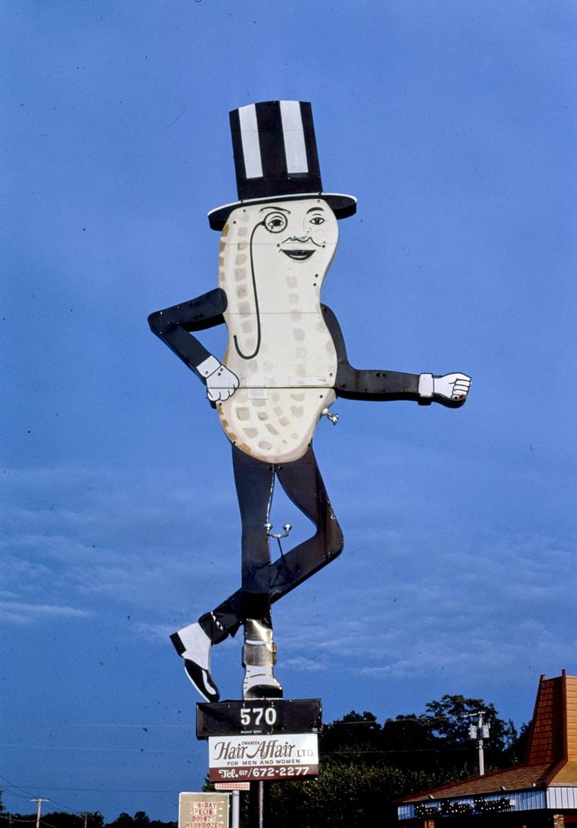 Historic Photo : 1984 Mr. Peanut sign (Hair Affair sign), (closer view), Route 6, Swansea, Massachusetts | Margolies | Roadside America Collection | Vintage Wall Art :