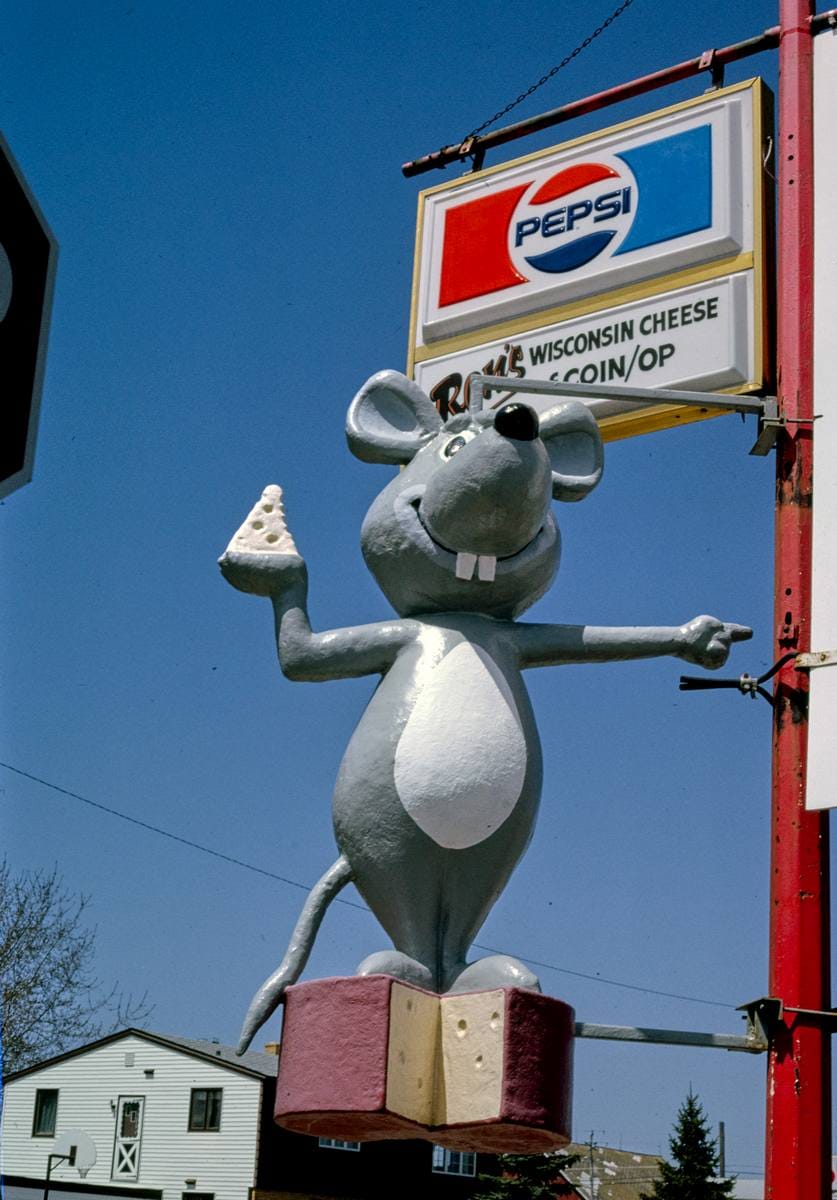 Historic Photo : 1992 Ron's Wisconsin Cheese sign, mouse, angle 1, Luxemburg, Wisconsin | Margolies | Roadside America Collection | Vintage Wall Art :