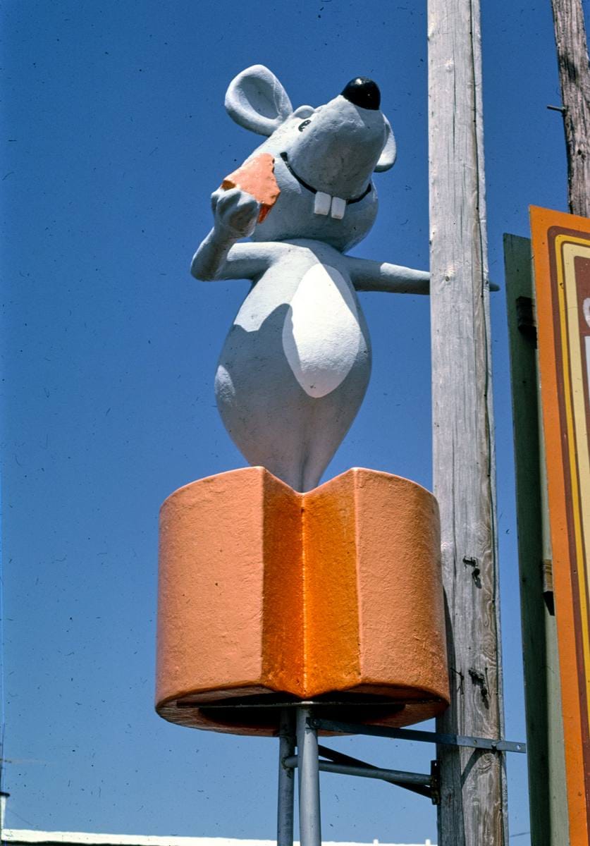 Historic Photo : 1992 Renard's Cheese Shop mouse sign, angle 1, Route 5, Clay Banks, Wisconsin | Margolies | Roadside America Collection | Vintage Wall Art :