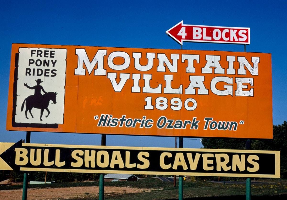 Historic Photo : 1980 Mountain Village Billboard, Route 178, Bull Shoals, Arkansas | Margolies | Roadside America Collection | Vintage Wall Art :