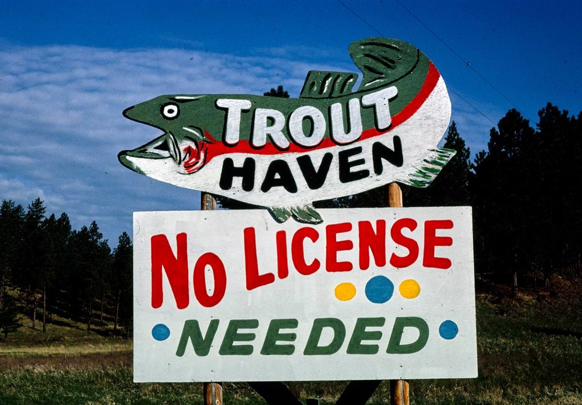 Historic Photo : 1980 Trout Haven billboard, "No license needed," Route 385, Black Hills, South Dakota | Photo by: John Margolies |