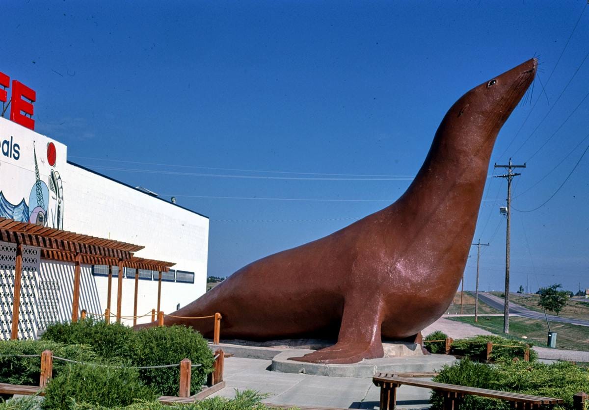 Historic Photo : 1987 Marine Life seal statue, Route 16, Rapid City, South Dakota | Margolies | Roadside America Collection | Vintage Wall Art :