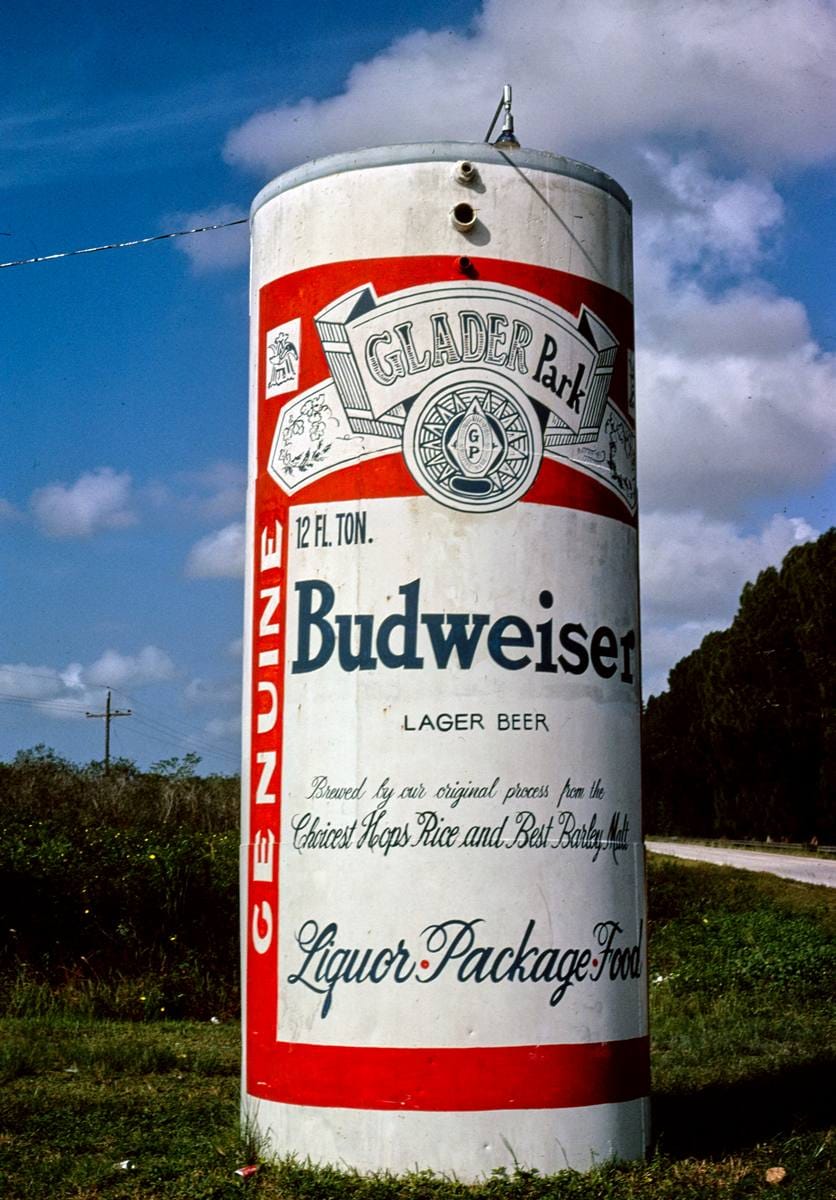 Historic Photo : 1980 Uncle Bernie's Glader Park beer can sign, Route 41, Coopertown, Florida | Margolies | Roadside America Collection | Vintage Wall Art :