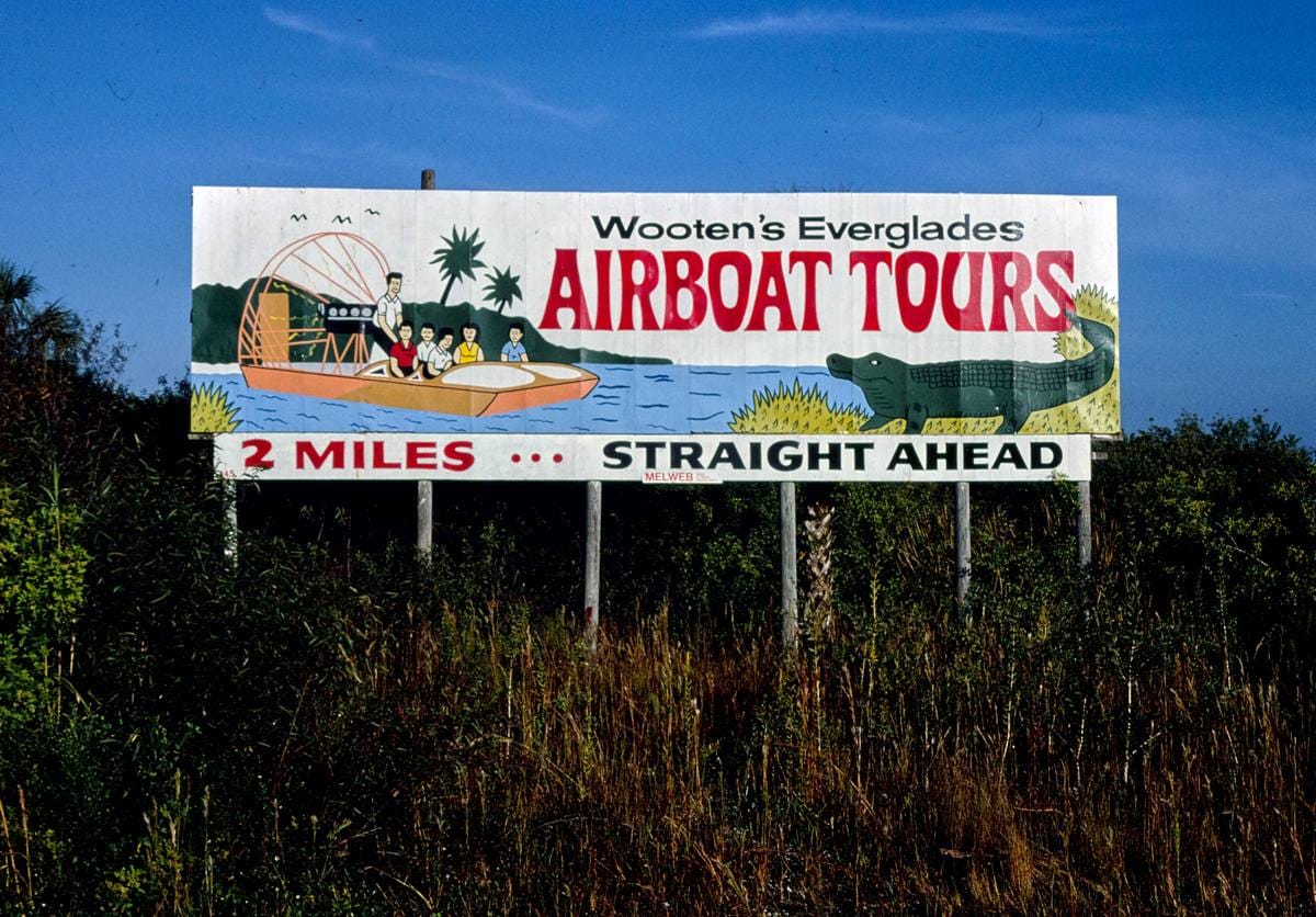 Historic Photo : 1980 Wooten's Everglades Airboat Tours billboard, Route 41, Ochopee, Florida | Margolies | Roadside America Collection | Vintage Wall Art :