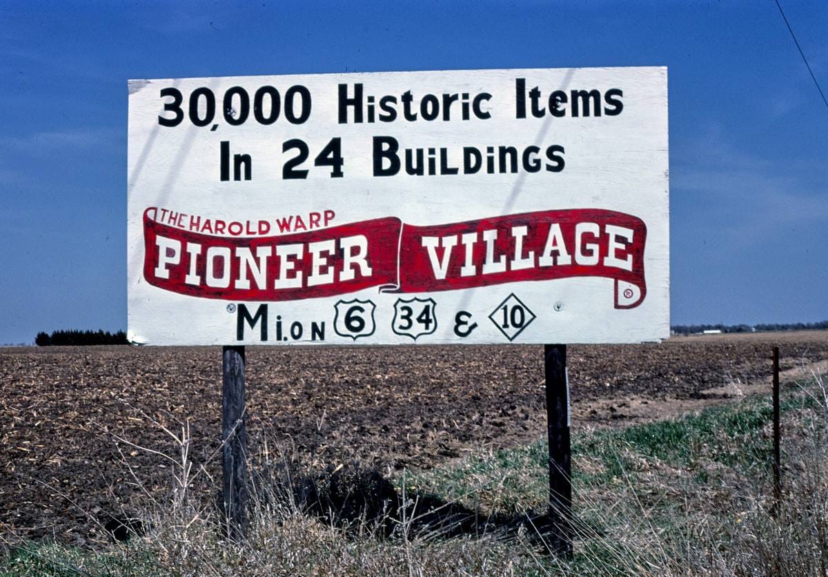 Historic Photo : 1980 Harold Warp Pioneer Village billboard, 24 buildings, IV, Minden, Nebraska | Margolies | Roadside America Collection | Vintage Wall Art :