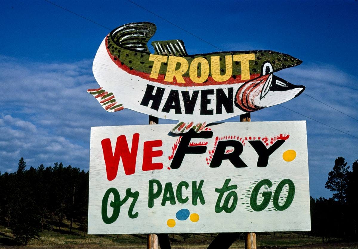 Historic Photo : 1980 Trout Haven billboard, Route 385, We fryÃƒÂ  Route 385, Black Hills, South Dakota | Margolies | Roadside America Collection | Vintage Wall Art :