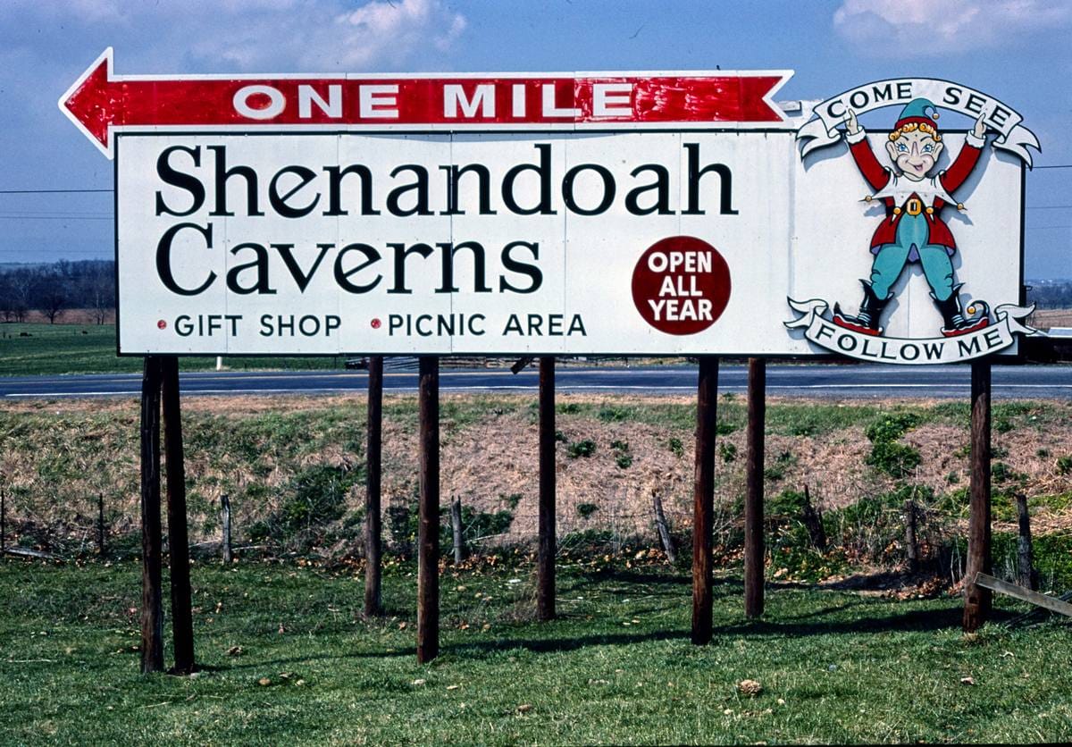 Historic Photo : 1982 Shenandoah Caverns billboard, Route 11, near New Market, New Market, Virginia | Margolies | Roadside America Collection | Vintage Wall Art :