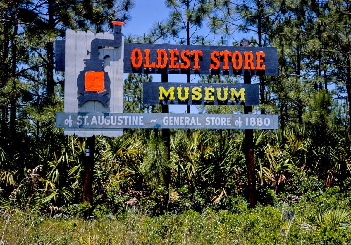 Historic Photo : 1979 Oldest Store Museum, General store of 1880 billboard, near St. Augustine, Florida | Margolies | Roadside America Collection | Vintage Wall Art :