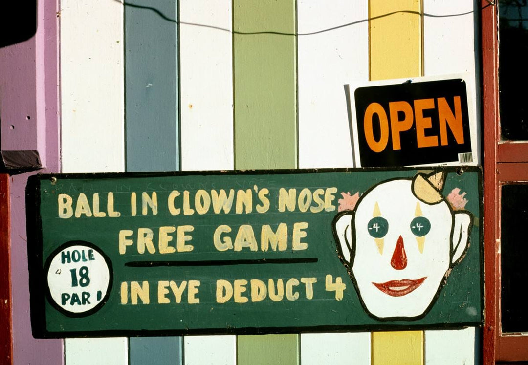 Historic Photo : 2002 Clown 18th hole sign 1, Nutty-Putty, Old Forge, New York | Margolies | Roadside America Collection | Vintage Wall Art :