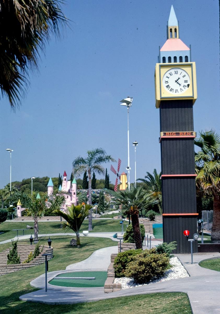 Historic Photo : 1981 Clock tower, Fountain Valley mini golf, Fountain Valley, California | Margolies | Roadside America Collection | Vintage Wall Art :