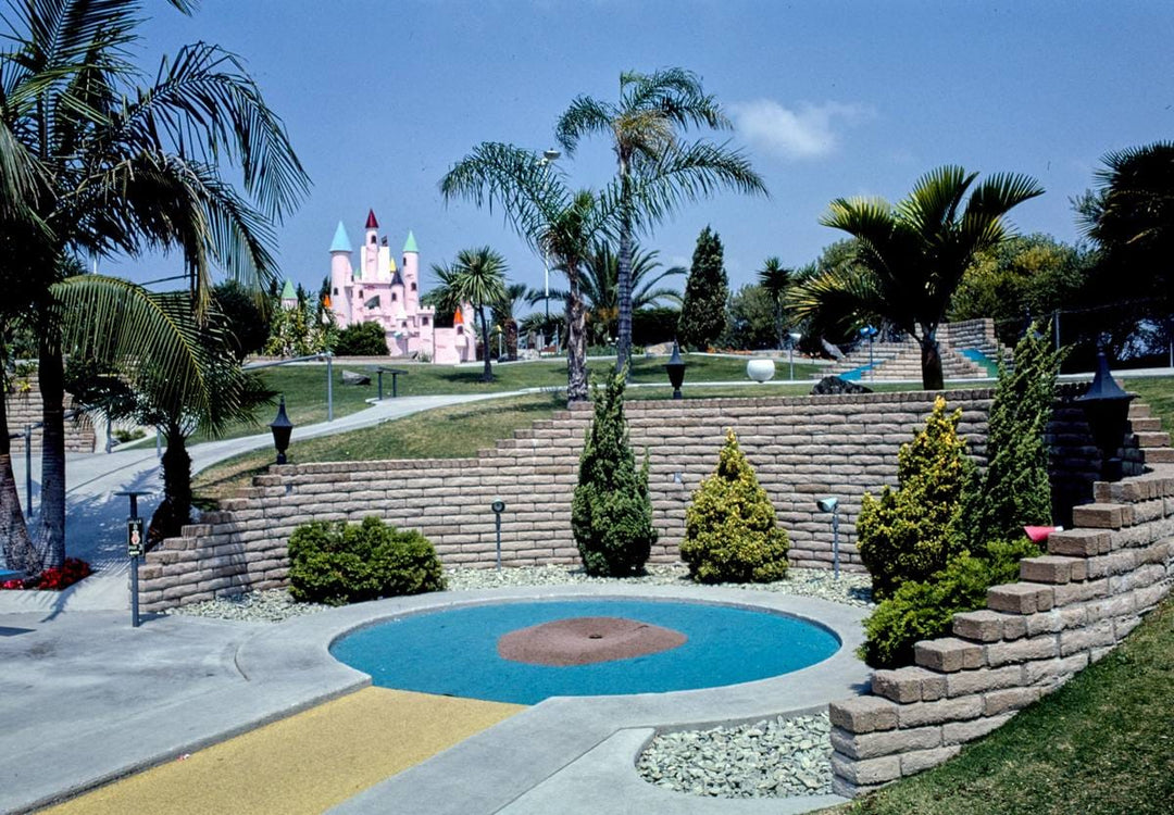 Historic Photo : 1981 Circular hole with stone wall, Fountain Valley mini golf, Fountain Valley, California | Margolies | Roadside America Collection | Vintage Wall Art :