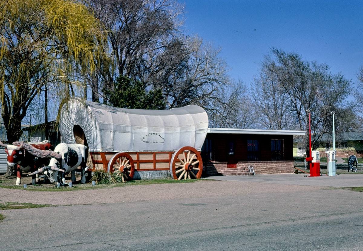 Historic Photo : 1980 Covered wagon, the Covered Wagon Gift Shop, Route 30, Kearney, Nebraska | Margolies | Roadside America Collection | Vintage Wall Art :