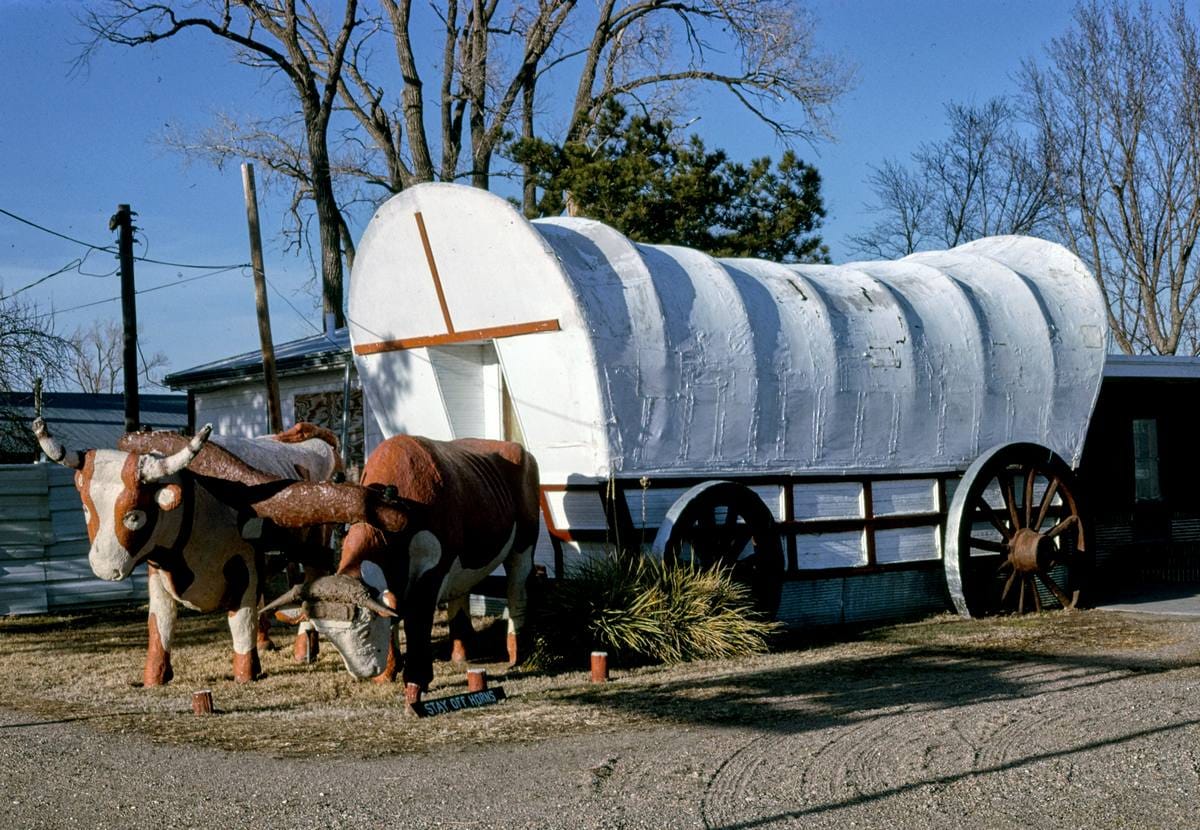 Historic Photo : 1996 Covered wagon, The Covered Wagon Gift Shop, Route 30, Kearney, Nebraska | Margolies | Roadside America Collection | Vintage Wall Art :
