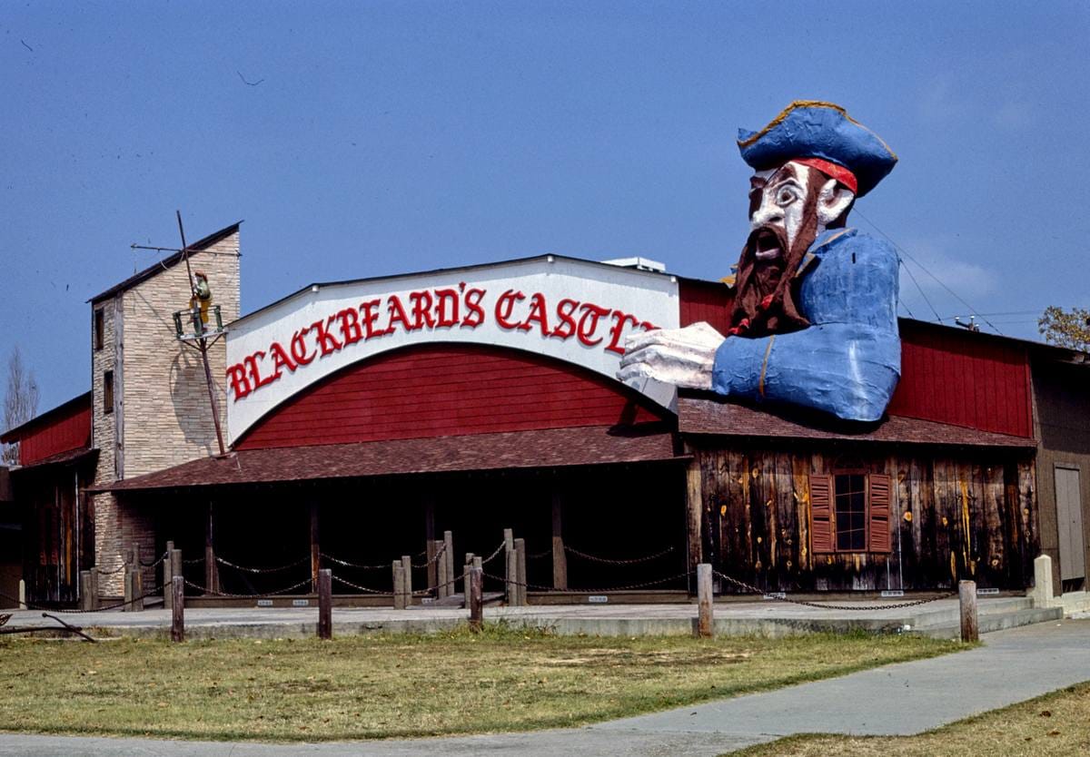Historic Photo : 1985 Blackbeard's castle, Buchroe Beach Amusement Park, Hampton, Virginia | Margolies | Roadside America Collection | Vintage Wall Art :