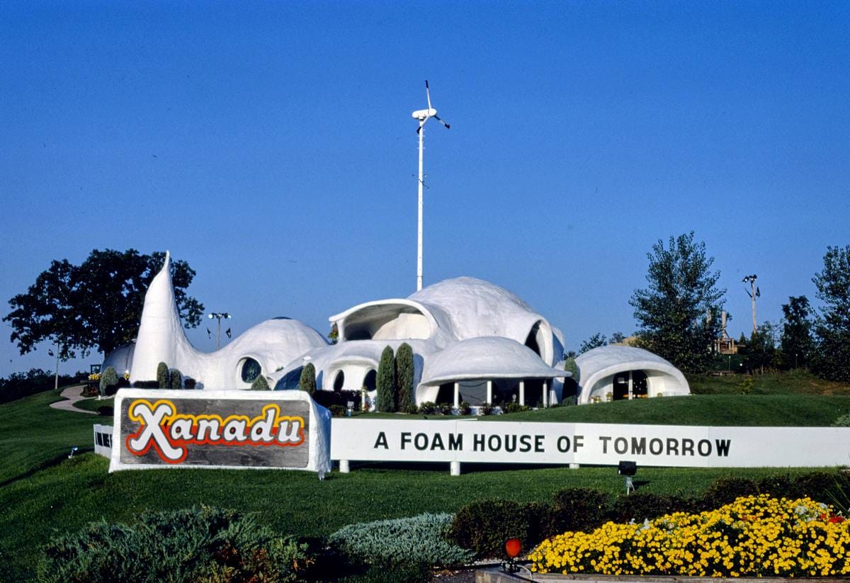 Historic Photo : 1988 Sign, Xanadu Foam House of Tomorrow, Route 13, Wisconsin Dells, Wisconsin | Margolies | Roadside America Collection | Vintage Wall Art :