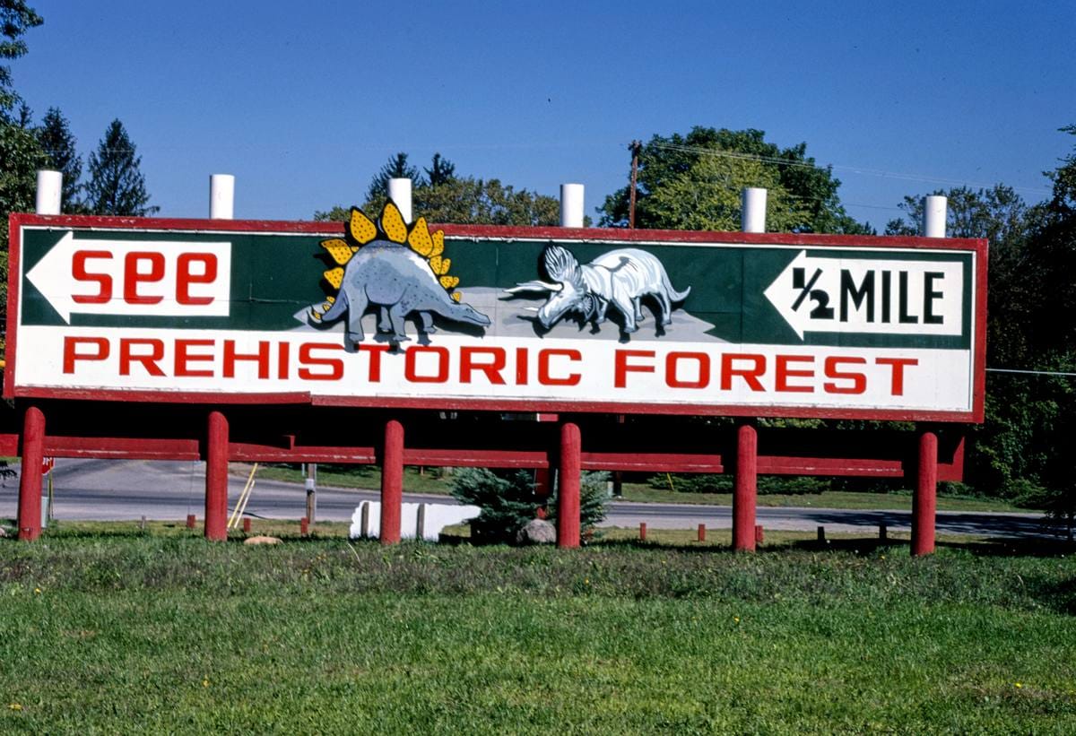 Historic Photo : 1988 Billboard, Prehistoric Forest, Route 12, Onsted, Michigan | Margolies | Roadside America Collection | Vintage Wall Art :