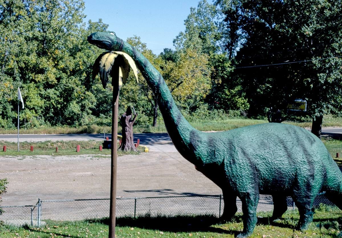 Historic Photo : 1988 Brontosaurus, Prehistoric Forest, Route 12, Onsted, Michigan | Margolies | Roadside America Collection | Vintage Wall Art :