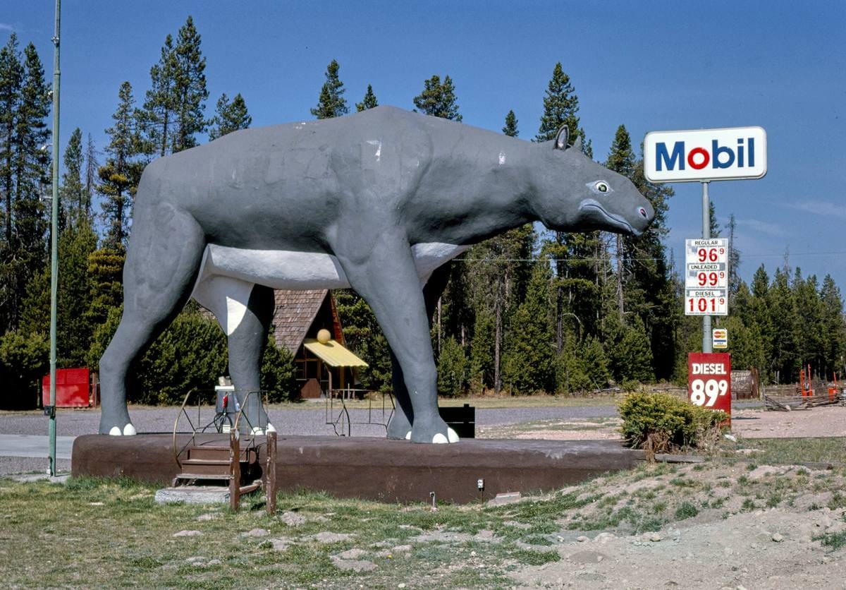 Historic Photo : 1987 Baluketherium with Mobil sign, Thunderbeast Park, Route 97, Chiloquin, Oregon | Margolies | Roadside America Collection | Vintage Wall Art :