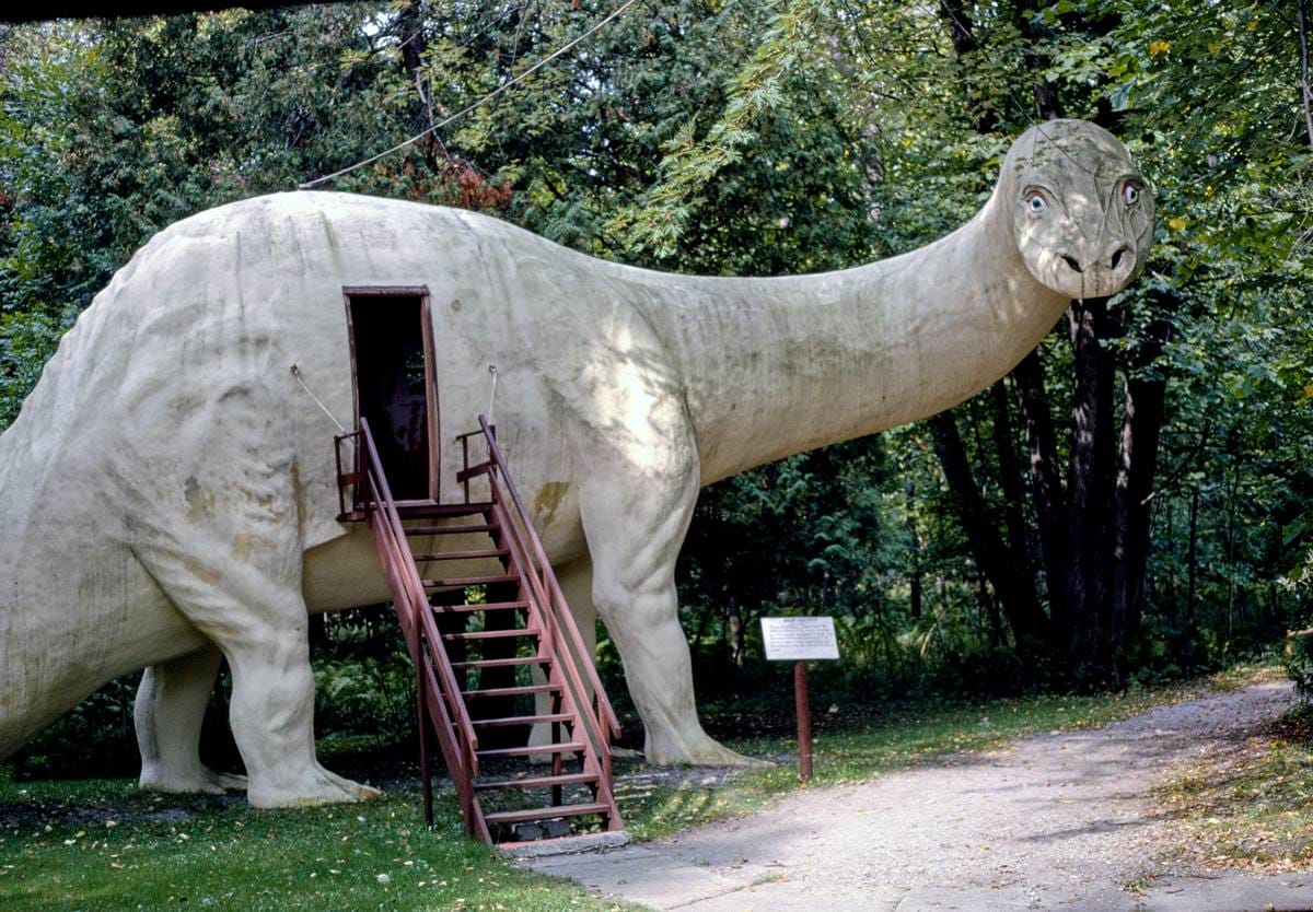 Historic Photo : 1988 Brontosaurus with steps view 1, Dinosaur Park, Route 23, Ossineke, Michigan | Margolies | Roadside America Collection | Vintage Wall Art :