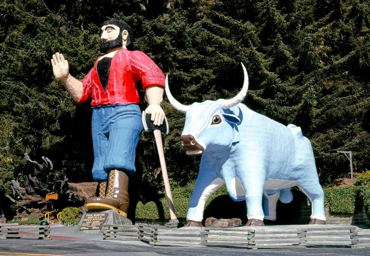 Historic Photo : 1991 Paul Bunyan and Babe angle 1, Trees of Mystery, Route 101, Klamath, California | Margolies | Roadside America Collection | Vintage Wall Art :