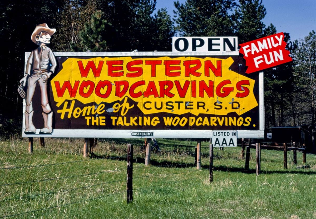 Historic Photo : 1980 Western woodcarving billboard, Route 16, Keystone, South Dakota | Margolies | Roadside America Collection | Vintage Wall Art :