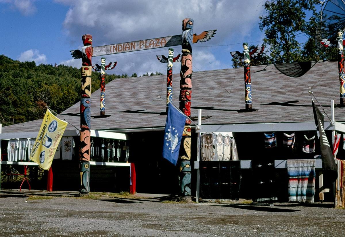Historic Photo : 1995 Entrance sign, Indian Plaza, Route 2, Mohawk Trail, Charlemont, Massachusetts | Margolies | Roadside America Collection | Vintage Wall Art :