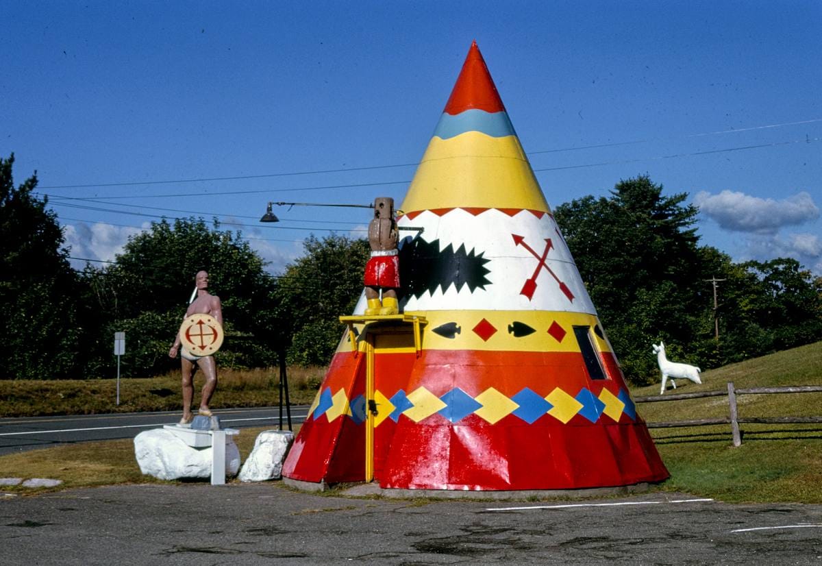 Historic Photo : 1995 Big Indian sign, Big Indian Shop, Mohawk Trail, Route 2, Shelburne Falls, Massachusetts | Photo by: John Margolies |