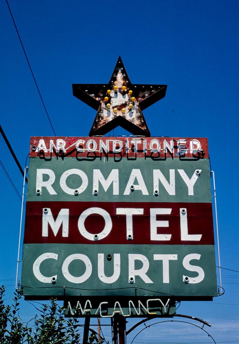 Historic Photo : 1982 Romany Motel Courts sign, Route 29., Charlotte, North Carolina | Margolies | Roadside America Collection | Vintage Wall Art :