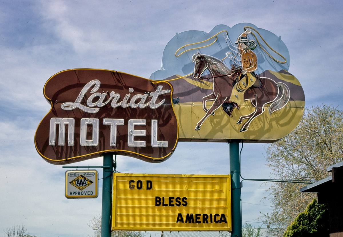 Historic Photo : 1980 Lariat Motel sign, Route 50, Fallon, Nevada | Margolies | Roadside America Collection | Vintage Wall Art :