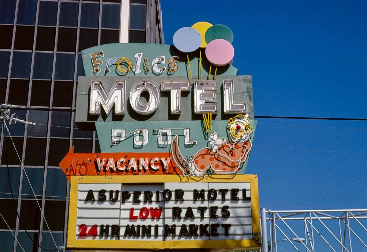 Historic Photo : 1980 Frolics Motel sign, Route 1, Miami, Florida | Margolies | Roadside America Collection | Vintage Wall Art :