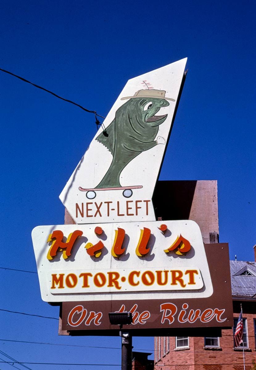 Historic Photo : 1995 Hill's Motor Court sign, Alexandria Bay, New York | Margolies | Roadside America Collection | Vintage Wall Art :