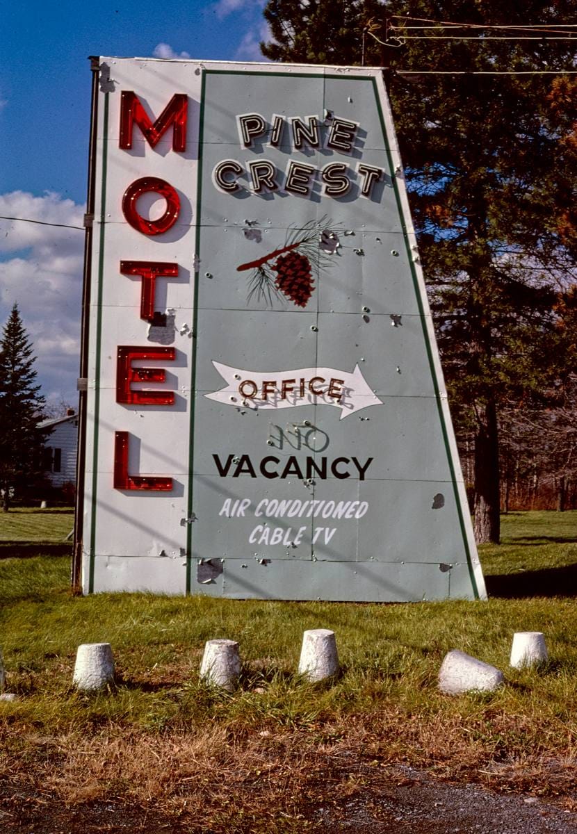 Historic Photo : 1987 Pine Crest Motel sign, Route 5, New Hartford, New York | Margolies | Roadside America Collection | Vintage Wall Art :