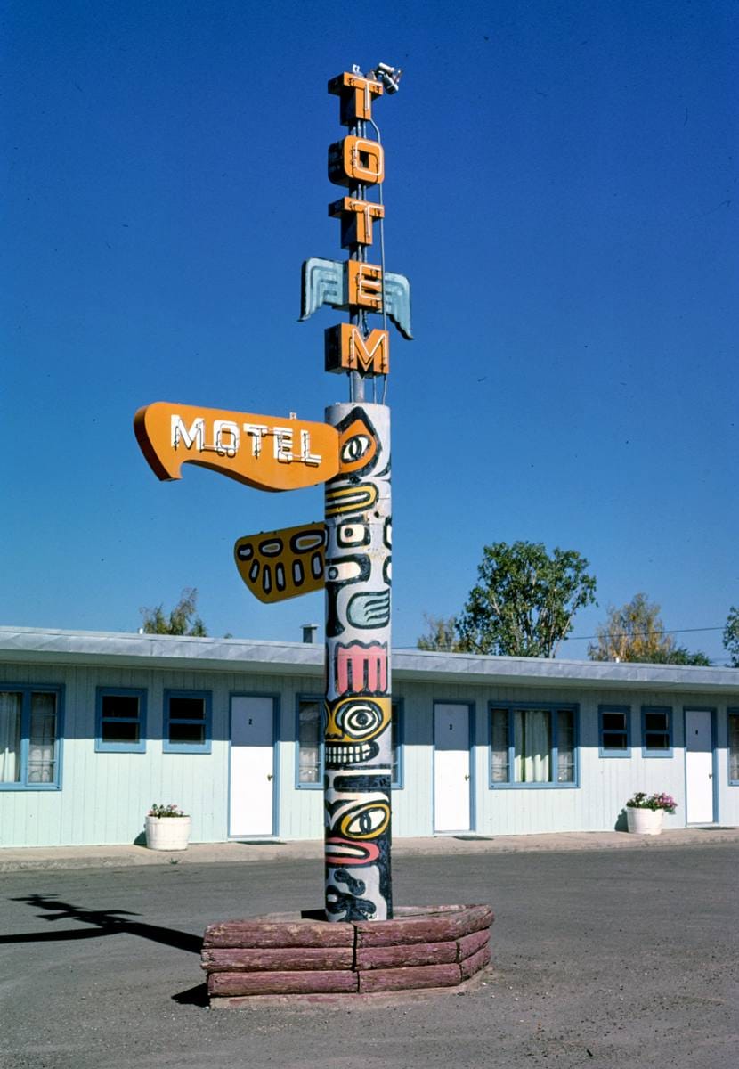 Historic Photo : 1987 Totem Motel sign, Route 15B, Shelby, Montana | Margolies | Roadside America Collection | Vintage Wall Art :