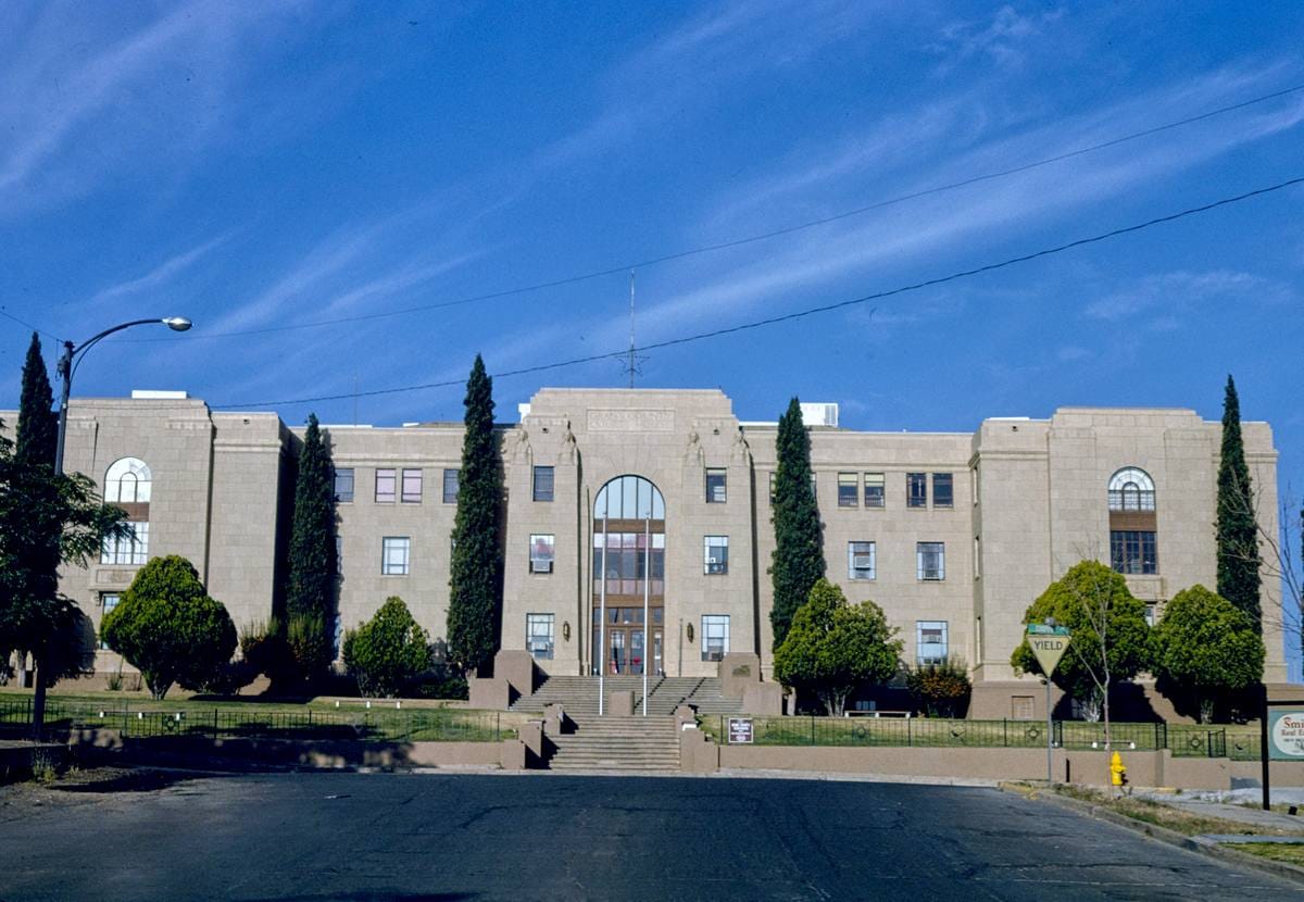 Historic Photo : 1991 Grant County Courthouse, entire street, Copper Street, Silver City, New Mexico | Margolies | Roadside America Collection | Vintage Wall Art :