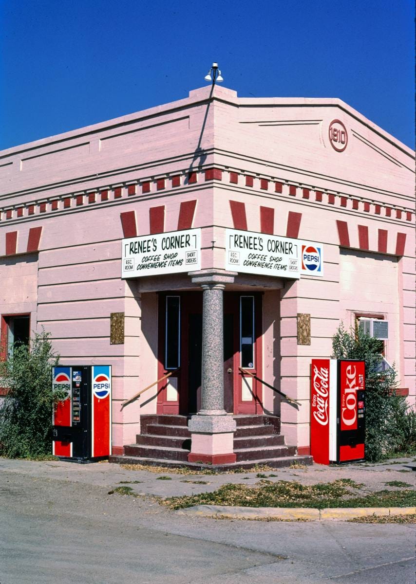 Historic Photo : 1987 Renee's Corner Cafe (bank), corner detail, Route 52 and Main Street, Sawyer, North Dakota | Photo by: John Margolies |