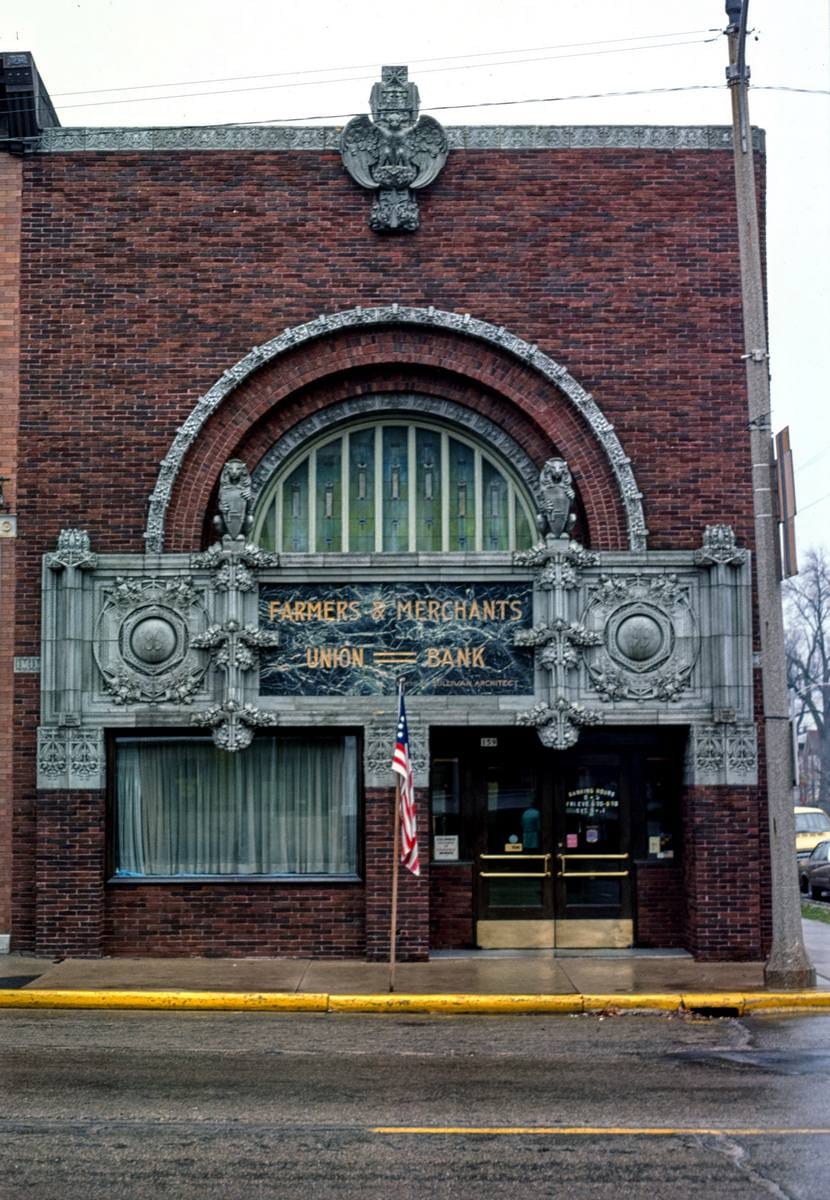 Historic Photo : 1977 Farmers Bank by Louis Sullivan, West James Street, Columbus, Wisconsin | Margolies | Roadside America Collection | Vintage Wall Art :