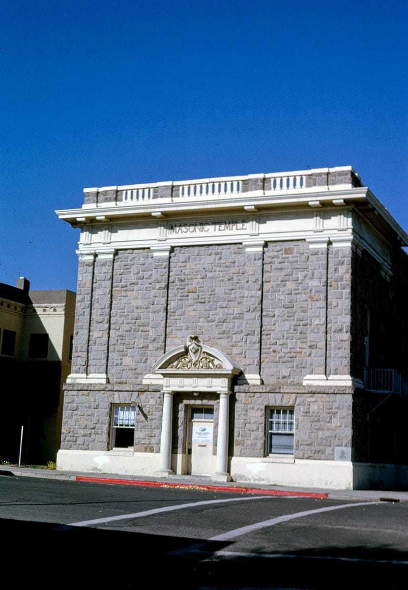 Historic Photo : 1991 Masonic Temple (1924), pediment detail, Lassen Street, Susanville, California | Margolies | Roadside America Collection | Vintage Wall Art :