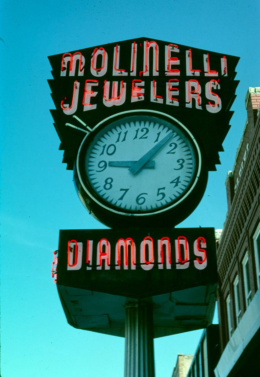 Historic Photo : 2004 Molinelli Jewelers street clock, neon, Main Street, Pocatello, Idaho | Margolies | Roadside America Collection | Vintage Wall Art :