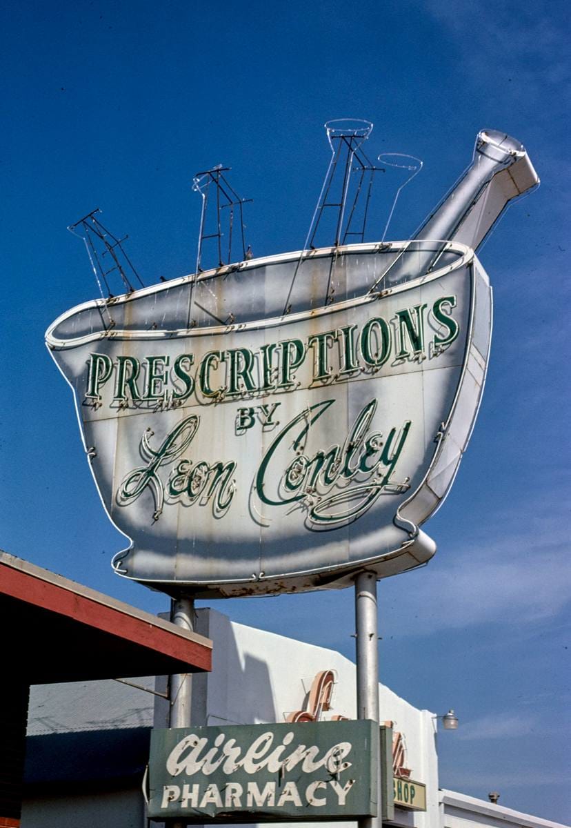 Historic Photo : 1979 Airline Pharmacy sign, Southwest 24th Street, Oklahoma City, Oklahoma | Margolies | Roadside America Collection | Vintage Wall Art :