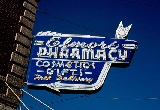 Historic Photo : 1987 Elmore Pharmacy sign, Walnut Street, Red Bluff, California | Margolies | Roadside America Collection | Vintage Wall Art :