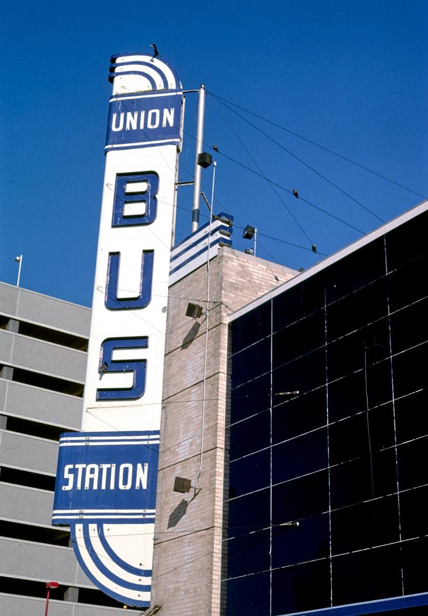 Historic Photo : 1993 Union Bus Station sign, Walker and Sheridan Streets, Oklahoma City, Oklahoma | Margolies | Roadside America Collection | Vintage Wall Art :