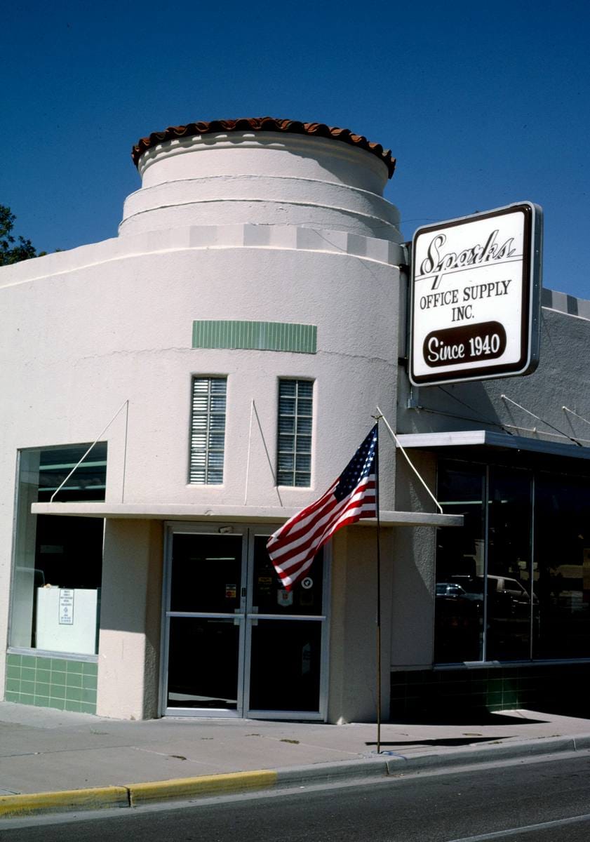 Historic Photo : 1993 Sparks Office Supply Co. entrance, Canal & Shaw, Carlsbad, New Mexico | Margolies | Roadside America Collection | Vintage Wall Art :