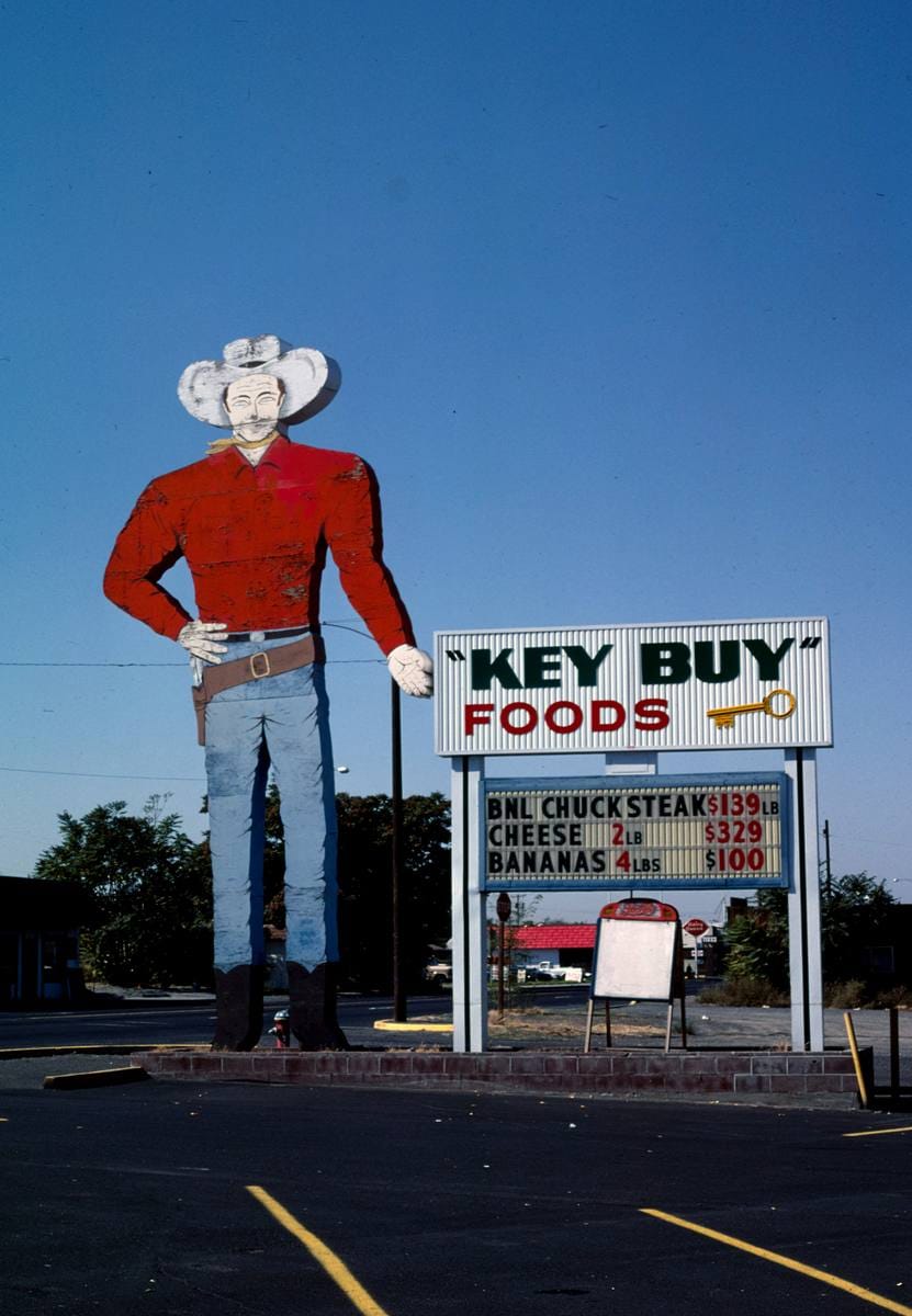 Historic Photo : 1987 "Key Buy" Foods cowboy sign, Umatilla, Oregon | Margolies | Roadside America Collection | Vintage Wall Art :