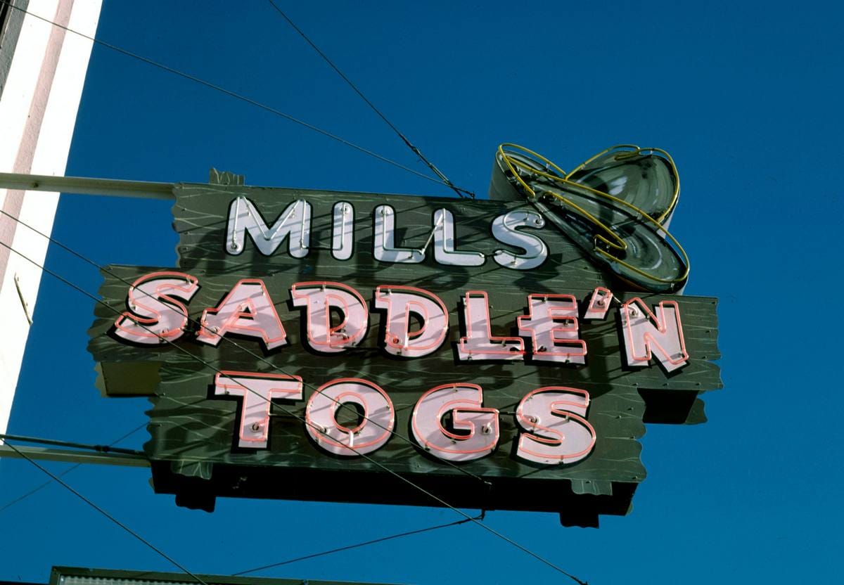 Historic Photo : 1987 Mills Saddle N' Togs sign, Ellensburg, Washington | Margolies | Roadside America Collection | Vintage Wall Art :