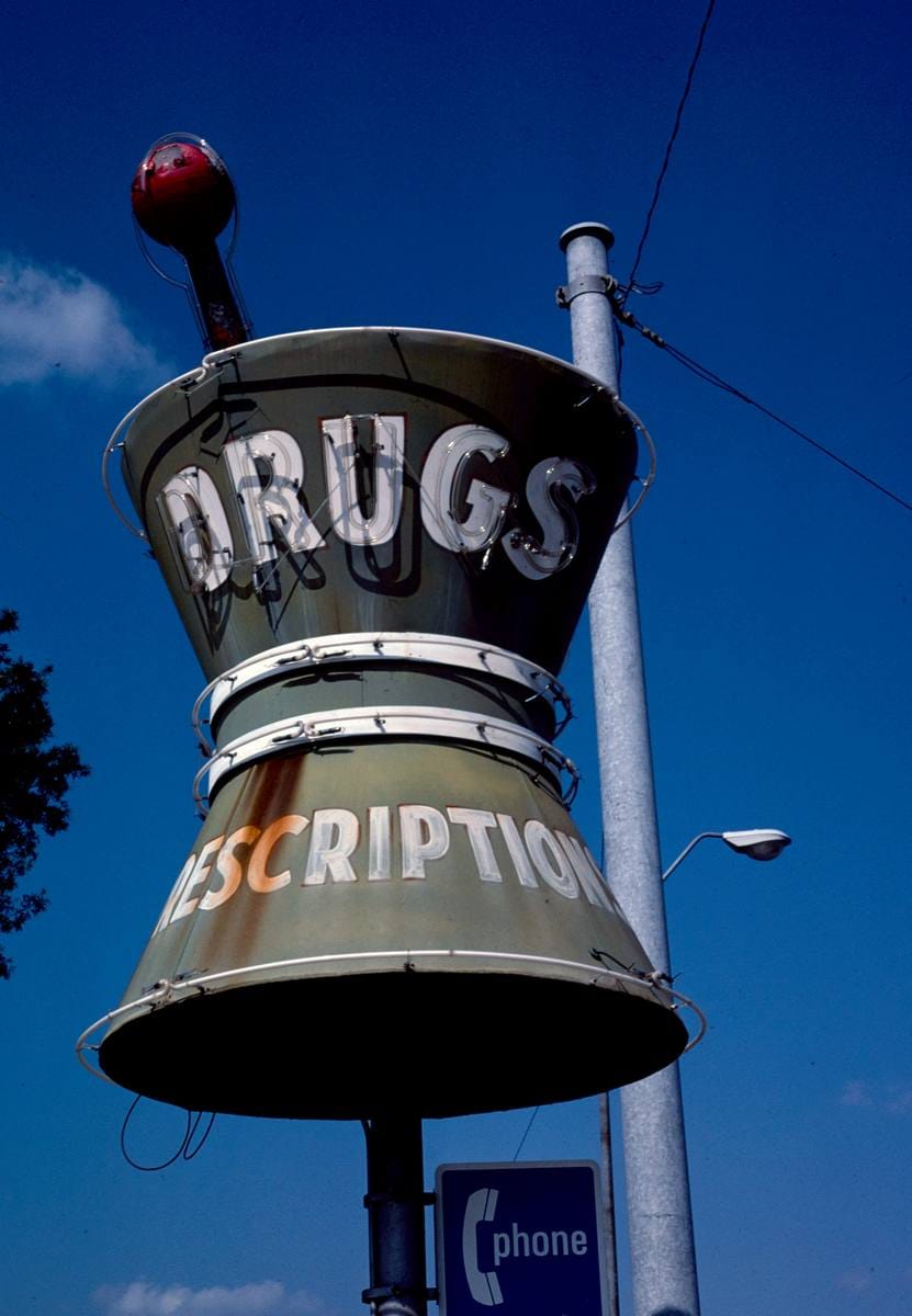 Historic Photo : 1982 Louisville Pharmacy sign, Monroe, Louisiana | Margolies | Roadside America Collection | Vintage Wall Art :