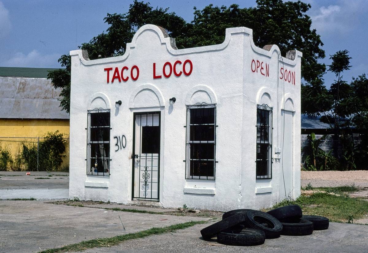 Historic Photo : 1982 Old gas station-Taco Loco, Harlingen, Texas | Margolies | Roadside America Collection | Vintage Wall Art :