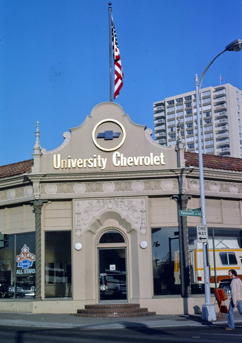 Historic Photo : 1977 University Chevrolet, NE 45th Street & Roosevelt Way NE, Seattle, Washington | Margolies | Roadside America Collection | Vintage Wall Art :