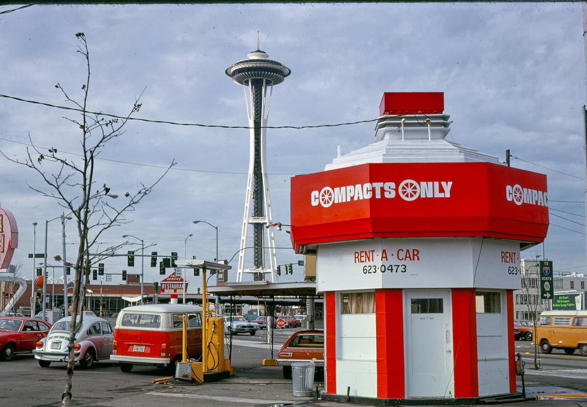 Historic Photo : 1977 Compacts Only Rent A Car, Seattle, Washington | Margolies | Roadside America Collection | Vintage Wall Art :