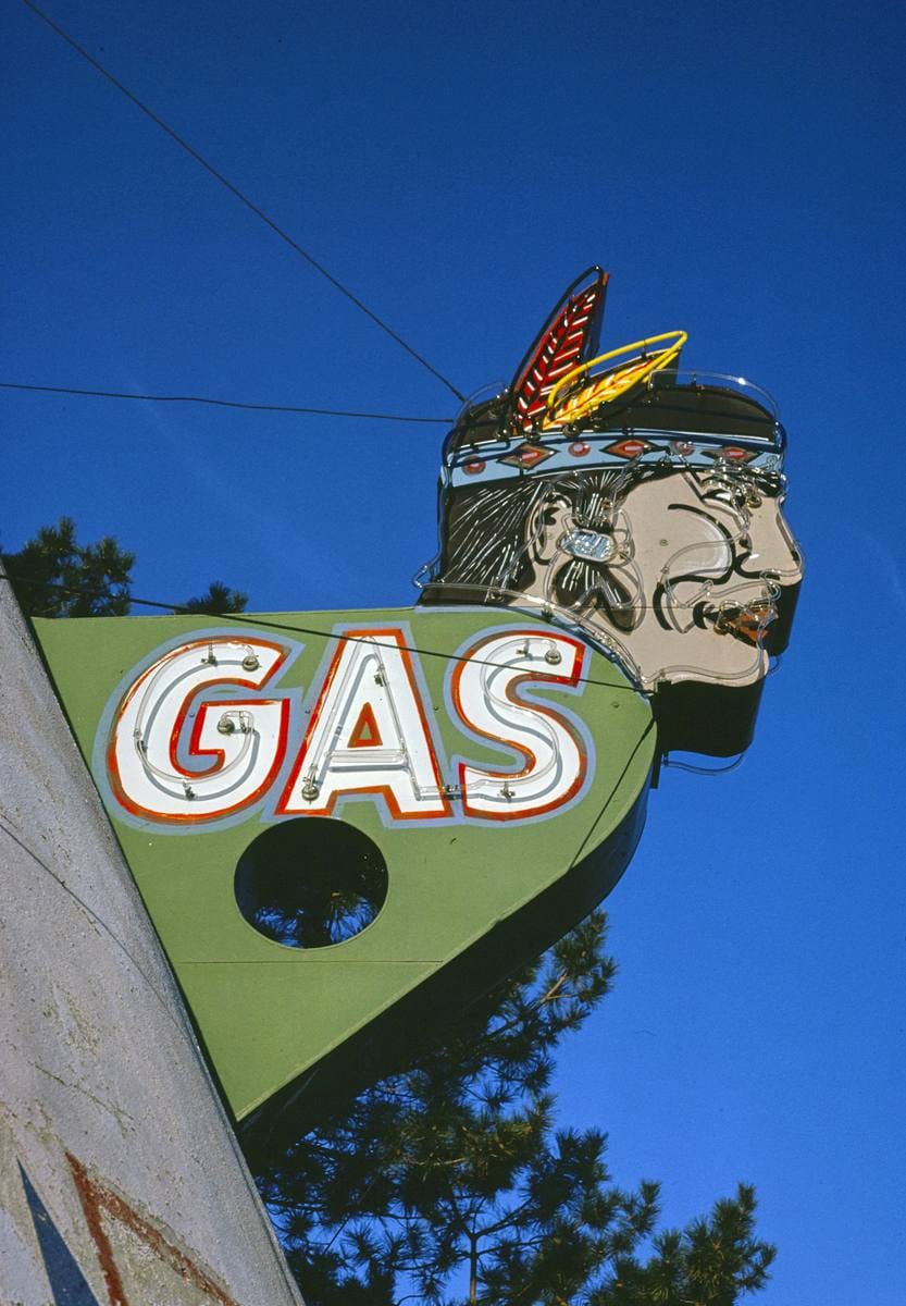 Historic Photo : 1980 Indian gas sign, Lawrence, Kansas | Margolies | Roadside America Collection | Vintage Wall Art :